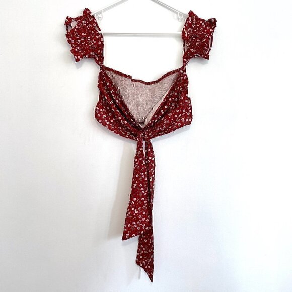 SHEIN? Rust Red White Floral Off the Shoulder Tie Bow Smocked Back Boho Crop Top - Picture 2 of 11